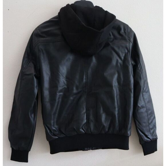 GUESS Men's Sz S Jet Black Faux-Leather Detachable-Hood Motorcycle Jacket - Picture 2 of 13